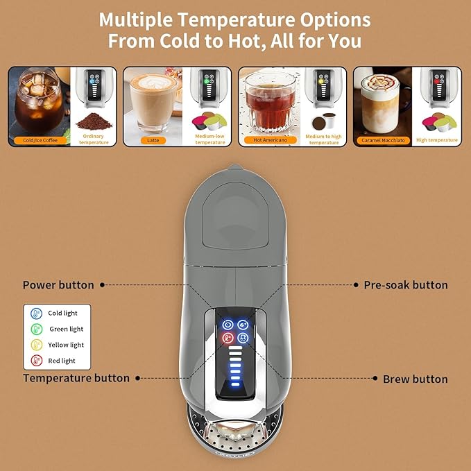KOTLIE Espresso 5in1 Single Serve Coffee Maker, 19Bar Cappuccino&Latte Maker, Cold&Hot Brewing Coffee Machine for K*cup/NES*presso Original/D*olce G*usto/Ground Coffee/44mm ESE(LightGrey)