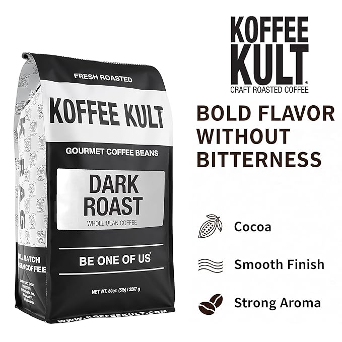 Koffee Kult Dark Roast Whole Bean Coffee 100% Arabica Coffee Beans, Gourmet Artisan Blend with Chocolate & Cinnamon Notes - 80oz Resealable Bag