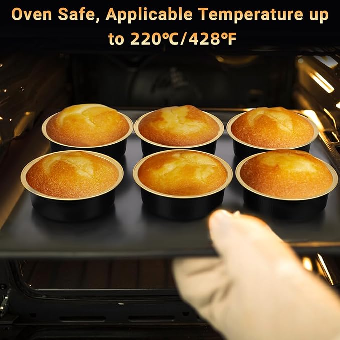 Beasea Disposable Ramekins with Lids, 50 Pack 8.8oz 260ml 4 Inch Disposable Aluminum Foil Cups Round Cupcake Mini Pudding Baking Cups for Party - Black Gold