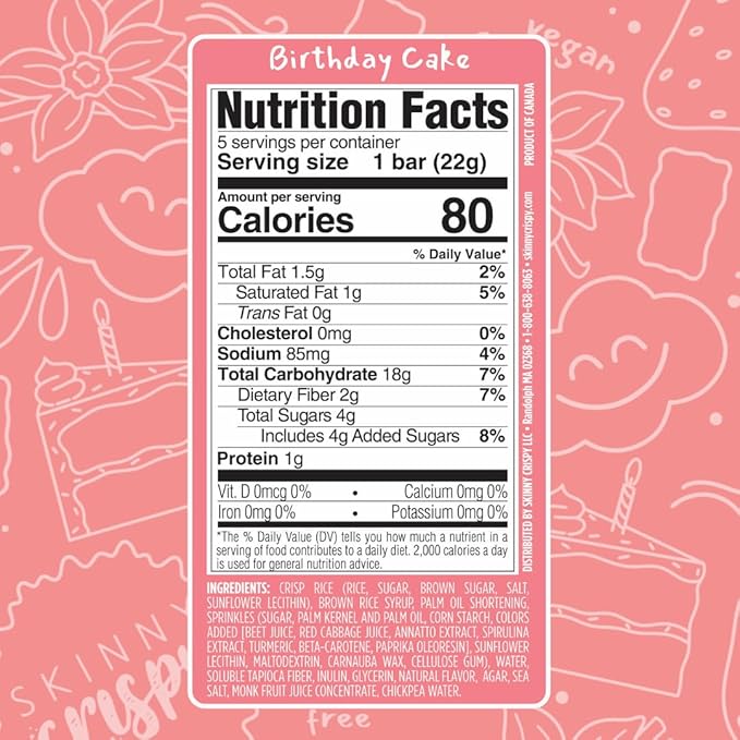 Skinny Crispy Birthday Cake Rice Treats ??Low Sugar (4g), Vegan, Gluten-Free, Dairy-Free, Non-GMO, Top 9 Allergen-Free, Healthy Snack Bars, 15 Count