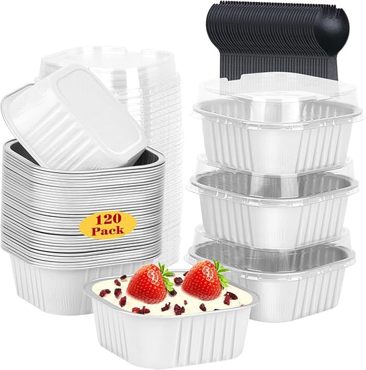 LNYZQUS 120pack/10oz Mini Cake Baking Pans with Lids, 4?�X4??Small Cake Pan Foil Brownie Tins, Square Disposable Ramekins Cupcake Baking Cups Dessert Cheesecake Containers-White