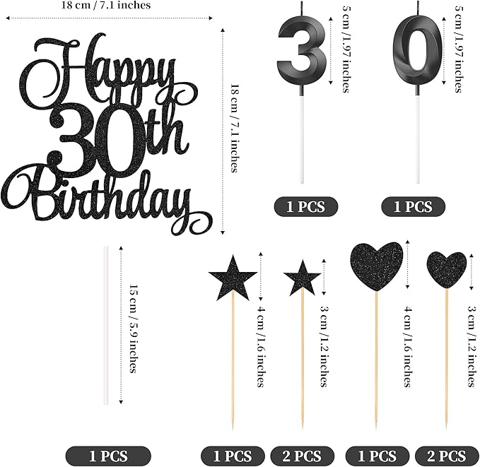 30th Birthday Cake Toppers, 30th Birthday Candles Numeral Candles and Glitter Cake Decorations Toppers Set for Party Supplies (Black)