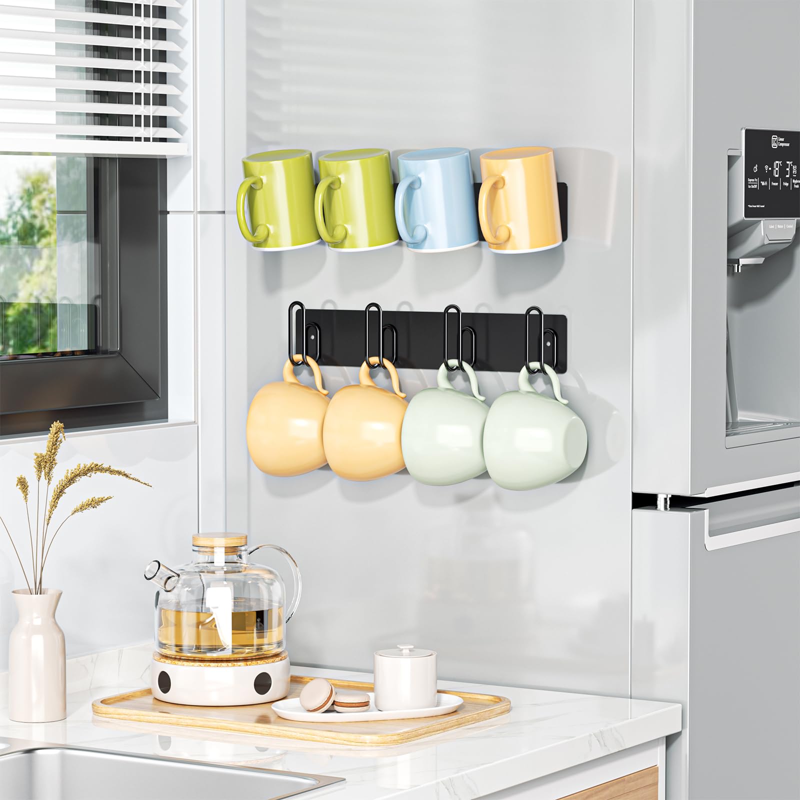 LOXSUN 2pcs Mug Holder Wall Mounted, Coffee Cup Holder with 4 Mug Hooks, Metal Cup Hanger Mugs