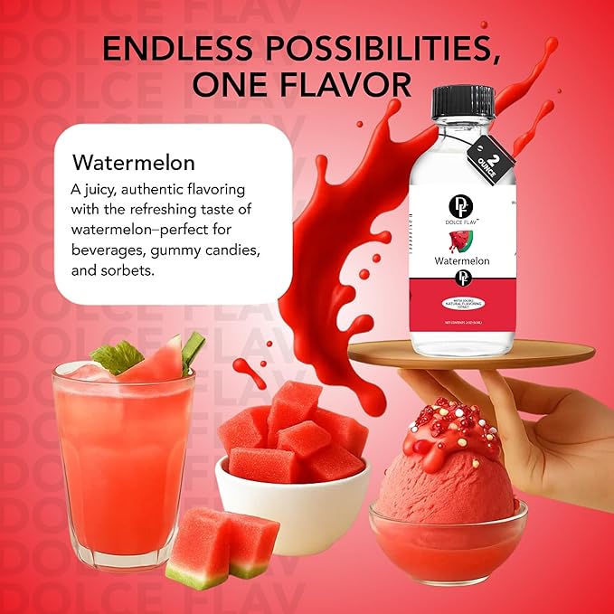 Dolce Flav Natural Watermelon Flavoring ??Sweet, Juicy Summer Fruit Taste | 2 oz Extract for Baking, Drinks & Frozen Treats | Graduated Dropper Included | Water-Soluble | Kosher | Made in USA