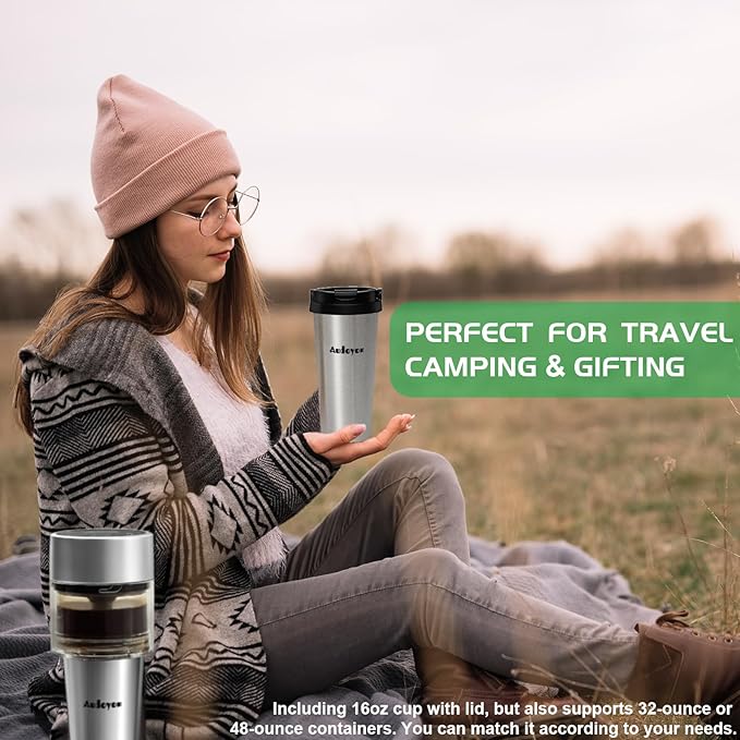 Coffee & Tea Maker, Portable Cold Brew Coffee Machine, Rapid Tea Brewer 16oz Hot & Iced, Rechargeable+Self Clean+Ultra-Fine Stainless Tea Strainer for Camping, Travel, Office & RV