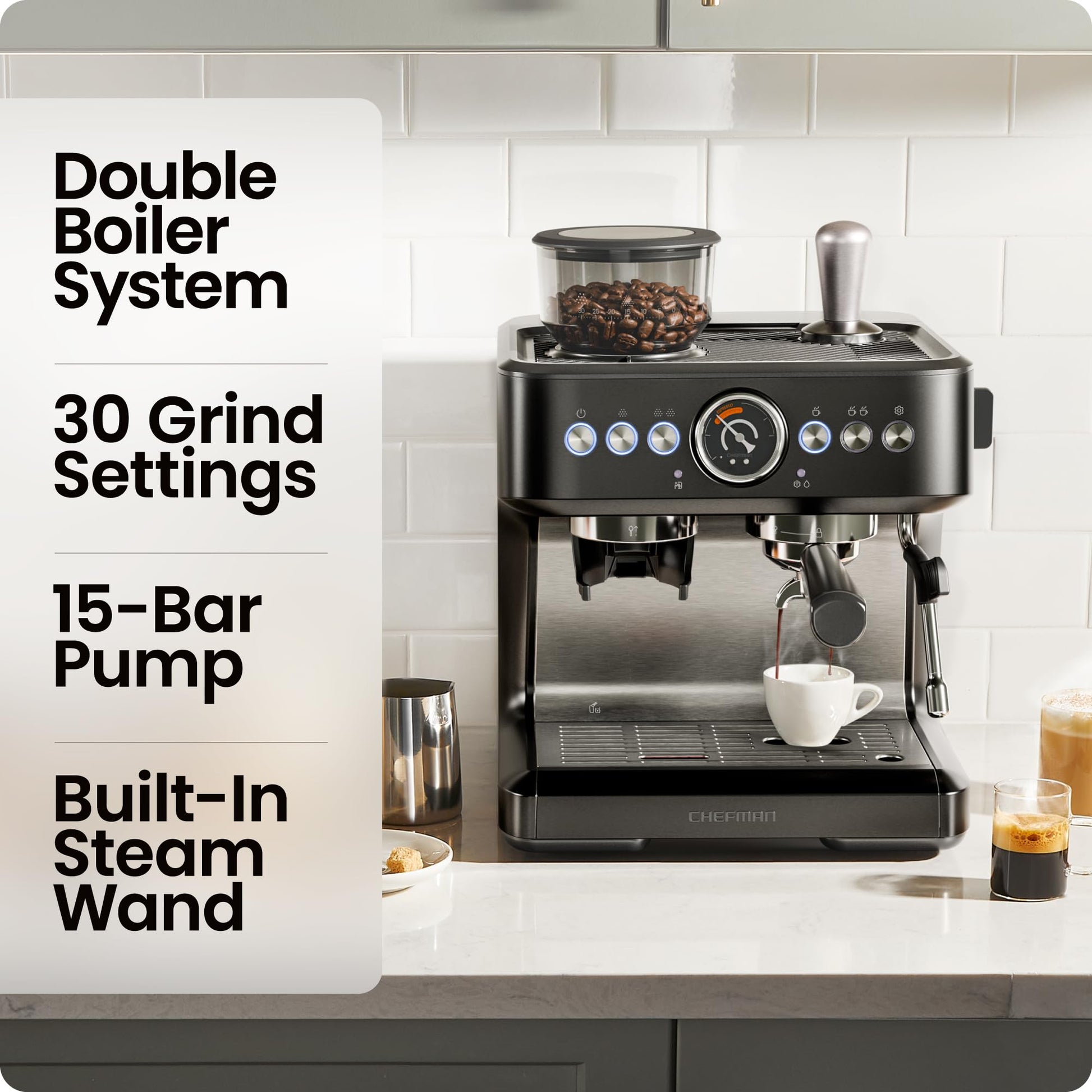 Chefman Crema Deluxe Espresso Machine with Double Boiler, Use Milk Frother and Brew Espresso