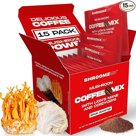 ShroomzUp Vegan Mushroom Coffee, Arabica Instant Coffee Mix With Lions Mane and Cordyceps for Travel, Better Focus, Energy, and Productivity, 15 Packets