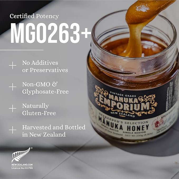 Manuka Emporium Manuka Honey MGO 263+ | Raw Monofloral New Zealand Honey | 8.8oz Glass Jar | Certified Pure Mānuka for Daily Immune Support, Wellness & Gourmet Indulgence