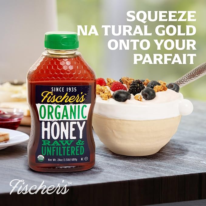 Fischer's 100% Organic Honey, USDA Certified, 24 Oz – Pure, Raw & Unfiltered Honey – All-Natural Sweetener – Rich Flavor Profile, Packed with Nutrients