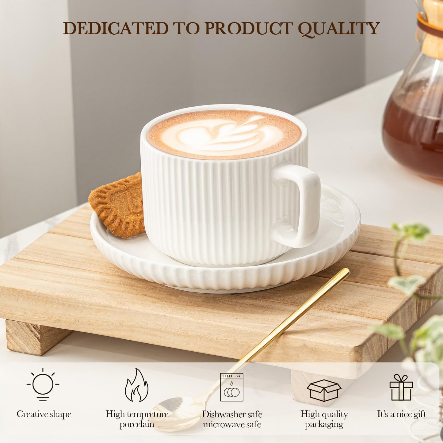 AYUCIA 8 Ounce Cappuccino Cups Set of 4, Latte Mugs with Saucers and Spoons, White Cream Ceramic