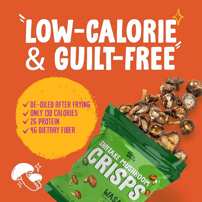 The Daily Good Shiitake Mushroom Crisps - 1-Pack Mushroom Chips, Yummy Dried Shiitake Mushrooms, Gluten-Free Mushroom Snack, Low-Temperature Vacuum Fried, Vegan Food, Wasabi Flavor, 0.2 lbs
