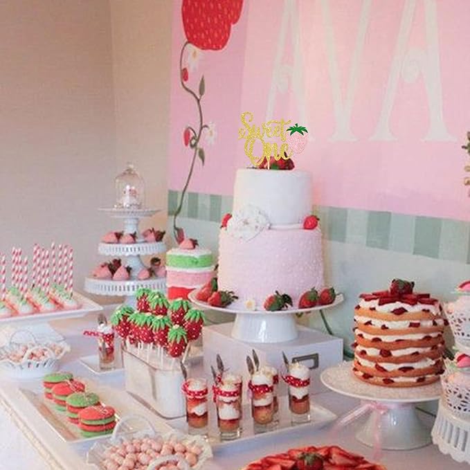 1 Pack Sweet One Cupcake Topper Glitter First Birthday Strawberry Cake Pick for Fruit Baby Shower 1st Birthday Berry Sweet Party Cake Decorations Supplies Gold 2