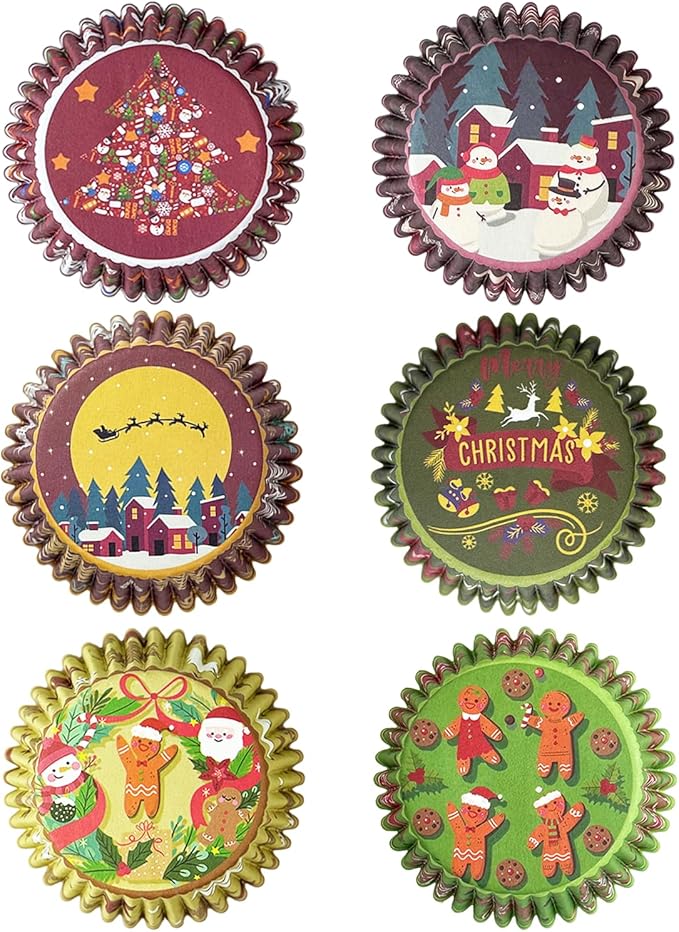 qiqee Christmas Jumbo Cupcake Liners 300PCS Cupcake Liners Cupcake Cups 6 Designs Christmas Gingerbread Man Cupcake Papers Baking Cups Cupcake Wrappers (Large Size)