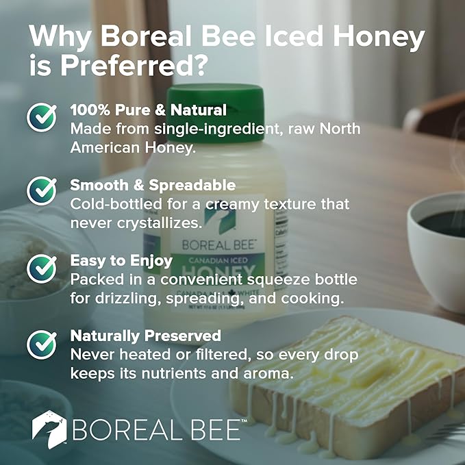 Boreal Bee Canadian Iced Honey – Smooth White Creamed Honey from Prairie Wildflowers Like Clover & Canola, Cold Bottled, Raw, Natural & Unfiltered, Never Heated, 35.2oz (2 Pack)