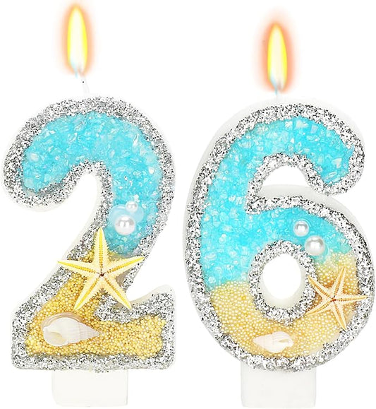 Birthday Candle for Cake, Beach Starfish Sequins Candles, 2.76 inch Cake Topper Decoration for Birthday Party (Number 26)