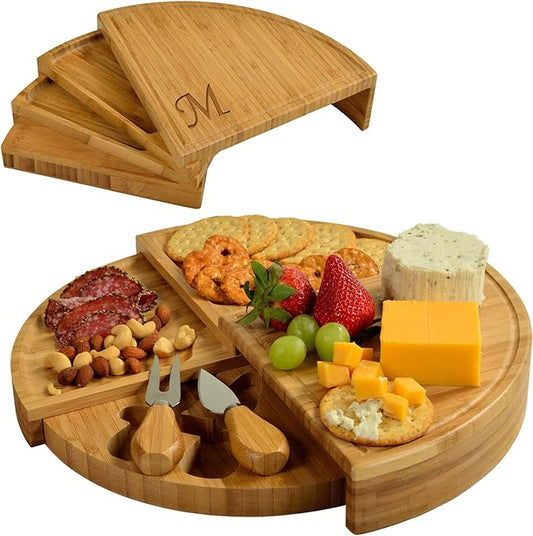 Picnic at Ascot Patented Personalized Monogrammed Engraved Bamboo Cheese/Charcuterie Board with Cheese Knives- Designed & Quality Checked in The USA