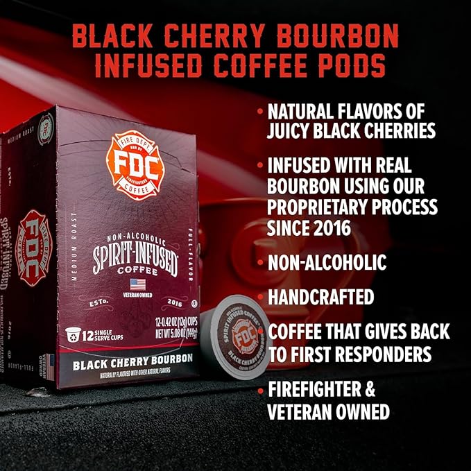 Fire Department Coffee - Black Cherry Bourbon Coffee K Cups - Gives Back to Firefighters - Bourbon Infused Pods - Roasted in the USA - Veteran Owned - 24 Single Pods