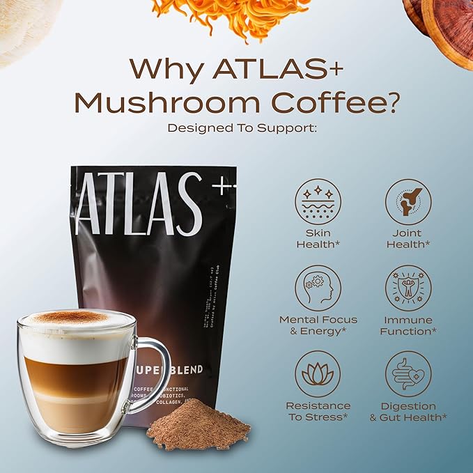 Atlas+ Coffee Superblend??Instant Mushroom Coffee with Lion?™s Mane, Reishi, Cordyceps, Ashwagandha, Probiotics, Vitamin D3 & B12??for Energy, Focus, Immunity & Gut Health??56 Servings (2 Bags)