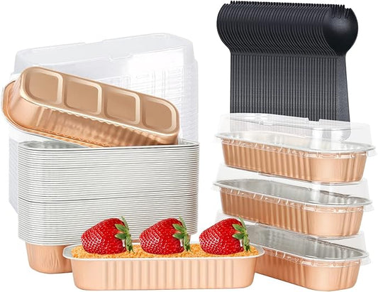 LNYZQUS Disposable Mini Cake Pans with Lids 50 Pack, 6.8oz Rectangle Baking Cups Muffin Tins, Aluminum Foil Baking Tins Mini Loaf Baking Pans Holders-Champagne