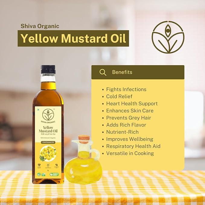 Shiva Organic Cold-Pressed Yellow Mustard Oil - 100% Natural, Certified Organic - 1L (33.8 fl oz) for Cooking, Massage, and Hair Care