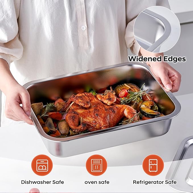 4-Piece 4 Inch Extra Deep Lasagna Baking Pan with Lid, 11x14.2Inch 7.4QT Large Stainless Steel Nonstick Lasagna Baking Roasting Pans Casserole Dishes for Oven with Lids(M, 2 Pack)