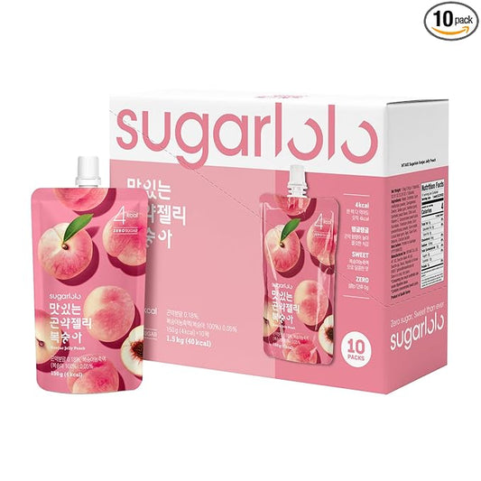 Sugarlolo Konjac Sweet Peach Jelly Snack - Vegan Jello with Zero Sugar | Only 4 Calories per Pouch | Low Calorie Korean Snacks5.29 Oz (150g) | 10 Pack