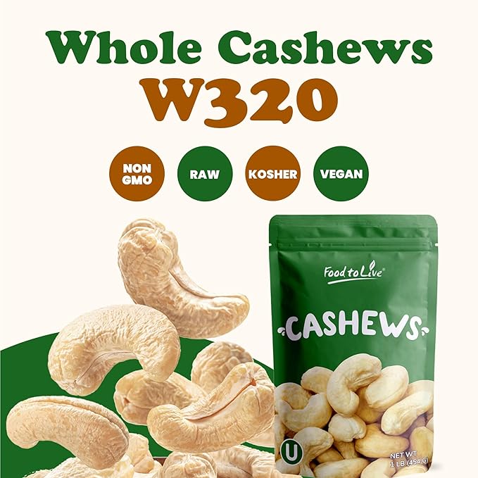 Food to Live Raw Cashews, 4 Pounds ??Non-GMO Verified, Deluxe Whole Nuts, Unsalted, Unroasted, Size W-320, Vegan, Kosher, Bulk