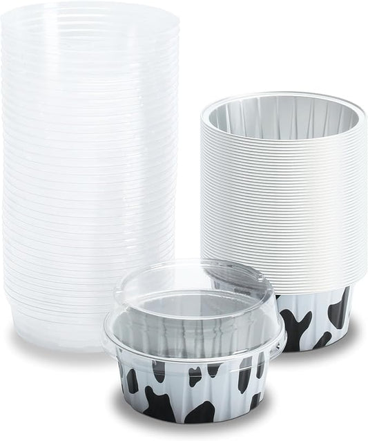White and Black Mini Cake Pans, 4.2oz 50Pcs Mini Cheesecake Containers, Disposable Cake Pans with Lids, Creme Brulee Cups with Lids