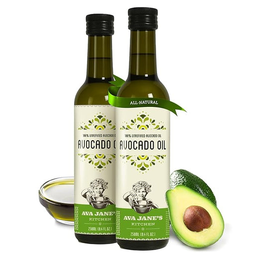 AVA JANE'S KITCHEN - Extra Virgin Avocado Oil - 100% Cold Pressed, Natural, & Unrefined - 480째F High Smoke Point, Rich in Potassium & Vitamins - Creamy & Buttery Taste - 2 Bottle Pack, 8.4 fl oz each