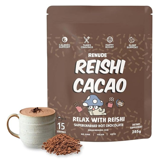 Renude Reishi Cacao – Mushroom Hot Chocolate Mix, Coffee Alternative with Magnesium, Organic Cacao Powder with Reishi for Sleep Support –15 Servings