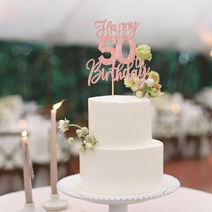 1 PCS Happy 50th Birthday Cake Topper Glitter Cheers to 50 Years Birthday Cake Pick Fifty Hello 50 Fabulous Cake Decorations for Happy 50th Birthday Anniversary Party Supplies Rose Gold
