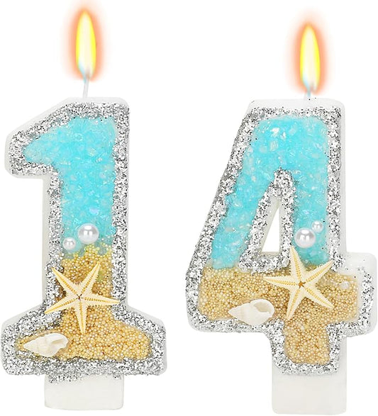 Birthday Candle for Cake, Beach Starfish Sequins Candles, 2.76 inch Cake Topper Decoration for Birthday Party (Number 14)
