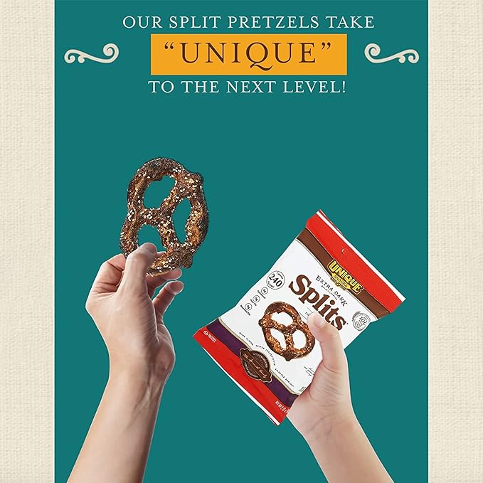 Unique Snacks Extra Dark Splits Pretzels, Original Split-Open Pretzels, Delicious Homestyle-Baked Snack Bag, Vegan, OU Kosher, and Non-GMO Food, No Artificial Flavor, 2.12 Oz. Bag, Pack of 12