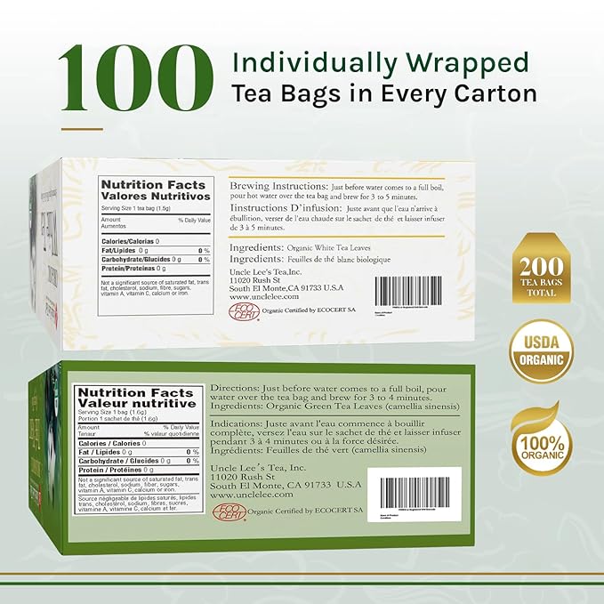 Uncle Lee's Organic White & Green Tea Variety 2-Pack (206 Individually Wrapped Bags) – Lightly Caffeinated Bulk Teas for Home, Office, Camping