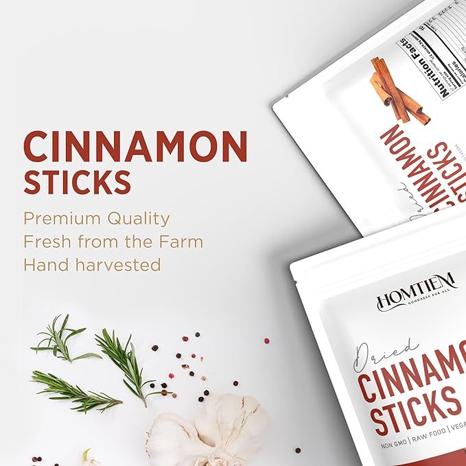 Homtiem Organic Dried Cinnamon Sticks 9 Oz (255 Gram), Non-GMO, Vegan, For Desserts or Cooking, Natural aromatic, Adds flavor