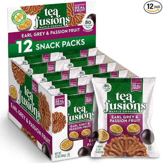 Reko Tea Fusions Waffle Cookies, Earl Grey & Passion Fruit - Individually Wrapped Single Serve Snack Packs - Thin Italian Pizzelles with No Artificial Flavors or Colors - 5 Cookies per Pack, Box of 12