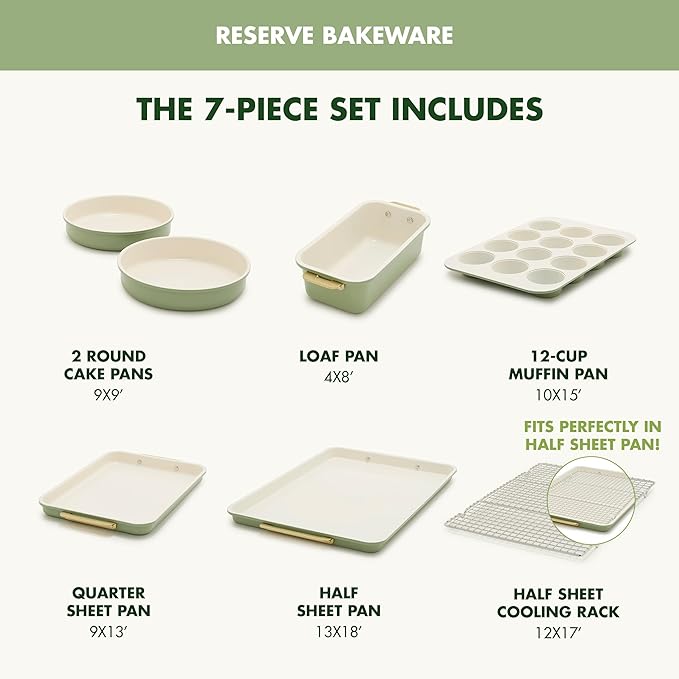 GreenPan Bakeware Set, 7 Piece Nonstick Ceramic Gold Handle Baking Sheets, Cake Pans, Loaf Pan, Muffin Tin, Cooling Rack, PFAS & BPA Free, Freezer to Oven Dish, Bake & Roast Ovenware, Sage Green