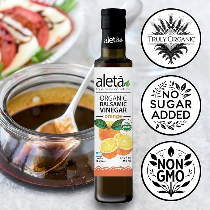 Aleta Farms Balsamic Vinegar, Greek Organic Orange Infused Aged Balsamic Vinegar, USDA Organic, Perfect for Salad Dressings, Pasta, Desserts & Cocktails, Glass Bottle, 8.45 fl oz (Orange)