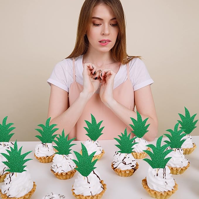 24 Pack Pineapple Cupcake Toppers Glitter Donut Pineapple Leaf Cupcake Picks Tropical Hawaiian Luau Pineapple Theme Baby Shower Kids Birthday Party Cake Decorations Deep Green