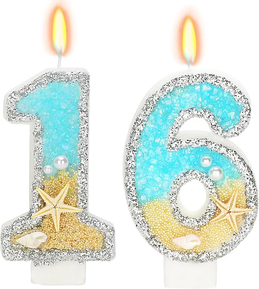 Birthday Candle for Cake, Beach Starfish Sequins Candles, 2.76 inch Cake Topper Decoration for Birthday Party (Number 16)
