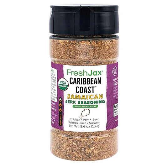 FreshJax® Organic Caribbean Jerk Seasoning ??Low Sodium 5.6 oz | Authentic Jamaican Jerk Spice Blend & Dry Rub | Non-GMO, Gluten-Free, Keto, Paleo | No Preservatives | Caribbean BBQ Marinade