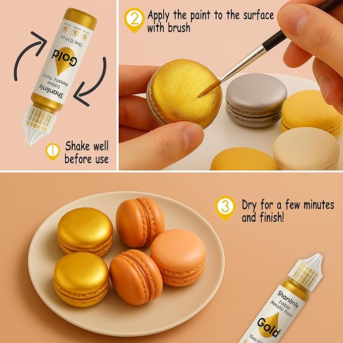 Edible Gold Metallic Paint for Baking ??Food Grade Edible Gold Dust Drink Glitter for Shimmer Cake Decorating, Cookies, Cupcakes, Cocktails ??15ml Perfect for Holidays, Wedding, Birthday Decorating
