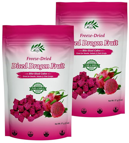 CHAVI Freeze-Dried Diced Dragon Fruit Snack - Pack of 2 x 2 oz - Healthy 1 Ingredient Superfood - No Added Sugars or Preservatives - Non-GMO, Vegan, Gluten-Free (Pack of 2)??,<div>