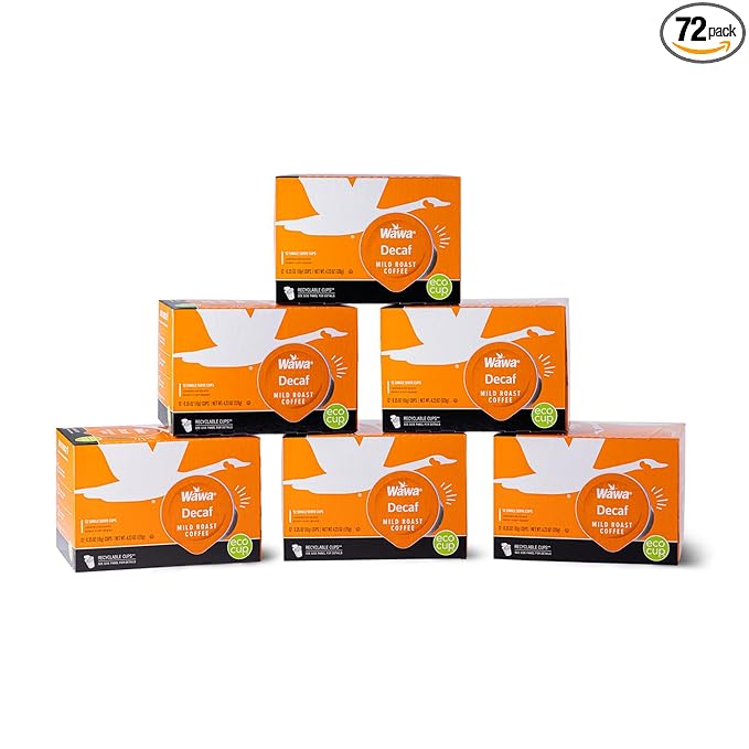 Wawa Mild Roast Single Cup Decaf Coffee Pods, 72 Pods, 6 Boxes, Regular Smooth & Balanced Classic Decaf Blend, Single Serve, 100% More Responsibly Sourced from Rainforest Alliance Certified Farms