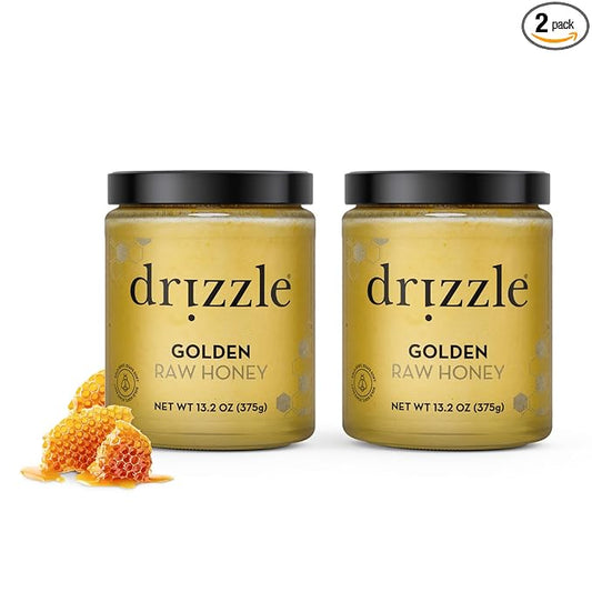 Drizzle Golden Raw Honey - All Natural Pure Raw Honey, Unfiltered & Unheated, Use in Tea & Coffee, Sugar Substitute, Certified Kosher - 13.2 oz Jar (375 g), Pack of 2