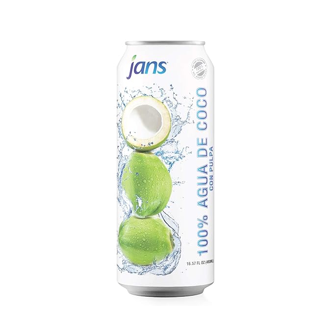 Jans 100% Pure Coconut Water with Real Pulp (12-Pack 16.57 Fl Oz) - No Sugar Added, Non-GMO, Optimal Hydration Natural Electrolytes - Agua de Coco Pulpa Bulk
