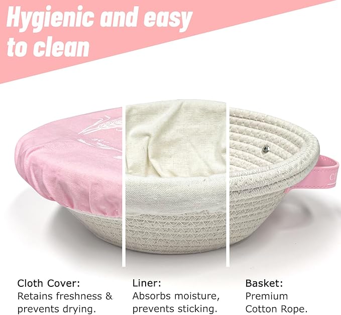 Cotton Rope Bread Proofing Basket, 2 Set, Oval & Round Baskets with Cloth Liners & Pink Covers - Artisan Sourdough Baking Supplies, Decorative Baking Tools for Kitchen & Gift for Baker