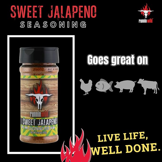 Sweet Jalapeno Seasoning | Premium Sweet and Spicy Rub | Sweet Heat Rub for Beef, Pork, Chicken, and Fish | Incredible Fajita Seasoning and Rib Rub | Runnin Wild Foods, 5.9 oz