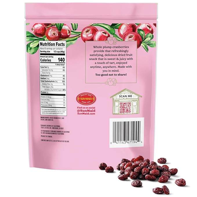 Sun-Maid Farmstand Reserve Whole Dried Cranberries - 8 oz Bag (Pack of 4) - Total of 32 Ounces