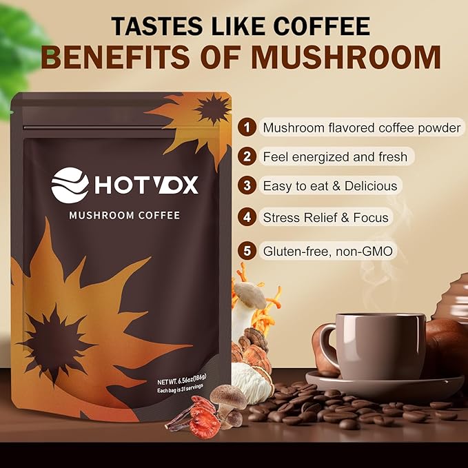 Hotvox Mushroom Coffee - Organic Instant Coffee Powder with Mushroom - 6.56 oz 30 Servings